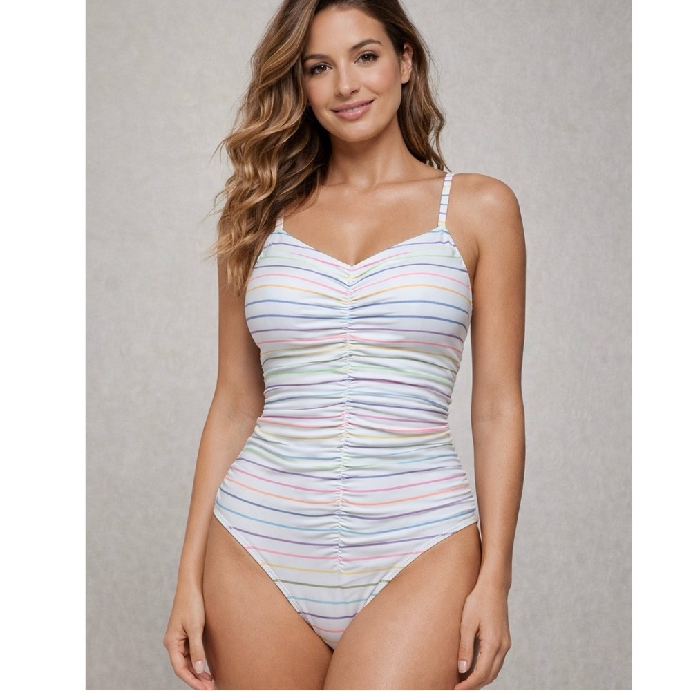 No Boundaries Rainbow Striped Ruched One Piece Swimsuit Womens Size 2X